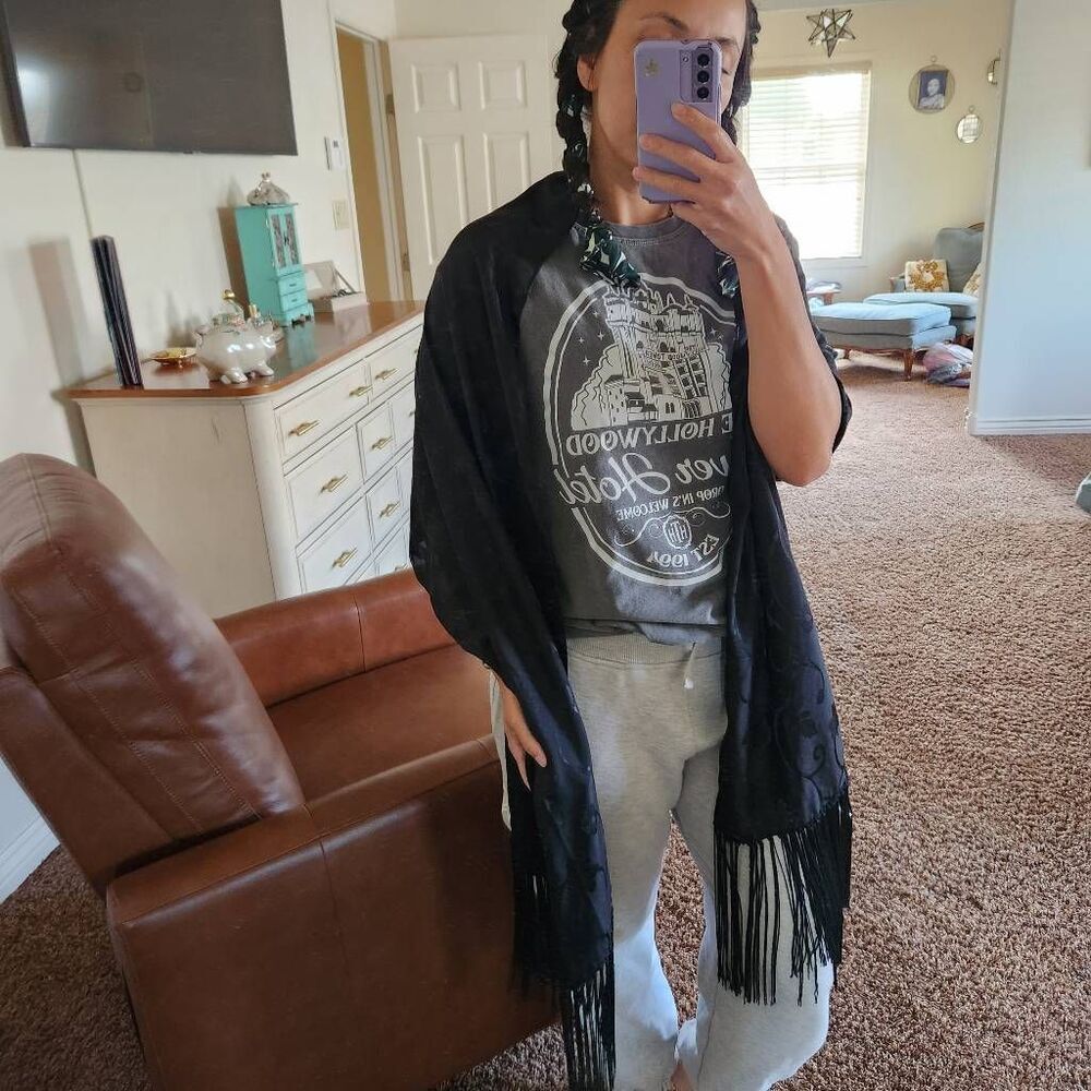 Collection XIIX black fringe shawl Mexican silky vintage extra long